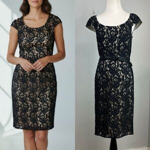 Adrianna Papell Cap Sleeve Lace Cocktail Dress in Black on Bronze Sz 6